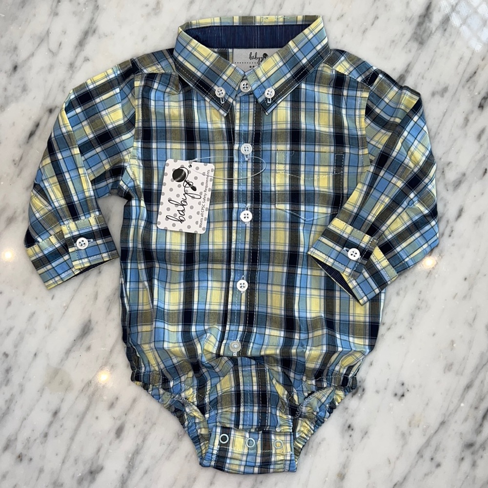 New Baby CZ Baby Boys Yellow and Blue Plaid Button Down Shirt Onsie